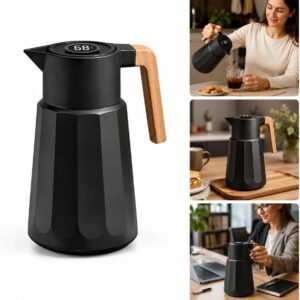 Garrafa Térmica com Visor de Temperatura Digital 1L, Cafeteira Italiana Térmica, Mantém Café Quente por Até 12 Horas, Alça de Madeira (Preto) - Imagem 6