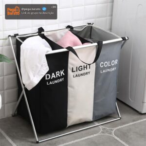Cesto Organizador De Roupas Sujas Grande Com 3 Divisórias Dobrável - Imagem 1