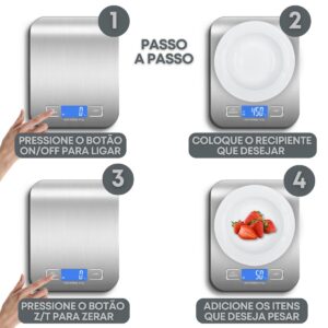 Balança de Cozinha Inox Digital para Alimentos Dieta Fitness Alta Precisão Resistente a Água Com Base Antiderrapante e Visor de Alta Definição Pesagem de 1g até 10kg Premium - Imagem 7