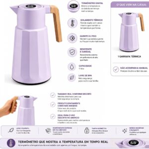 Garrafa Térmica com Visor de Temperatura Digital 1L, Cafeteira Italiana Térmica, Mantém Café Quente por Até 12 Horas, Alça de Madeira (Preto) - Imagem 7