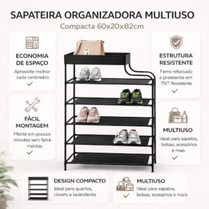 Sapateira Organizadora 6 Prateleiras com Bandeja Superior | Porta Sapatos Vertical Multiuso | Estrutura Metálica Resistente | Ideal para Closet, Quarto e Entrada - Imagem 5