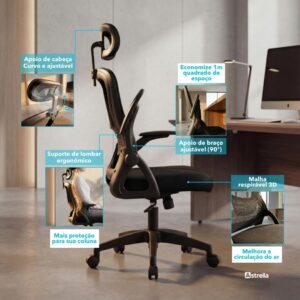 Cadeira de Escritório Astrella Nova Preta | Ergonômica, com Apoio de Cabeça, Braços 2D Articulados - Imagem 7