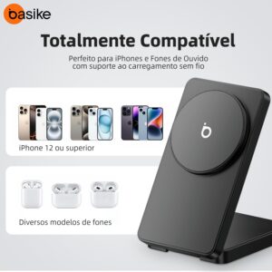 Basike Carregador Sem Fio, Carregador por Indução 15W Compatível para iPhone 16/15/14/13/12 Series e AirPods | Carregamento Rápido com Magnétic | Compatível com Qi (Cinza) - Imagem 6