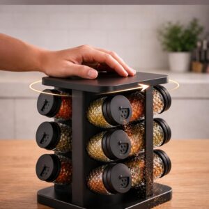 Porta Temperos Giratório com 12 Potes de Vidro Diamond, Tampa Dosadora Ajustável, Organizador de Condimentos, Suporte Giratório Cozinha, Porta Condimentos Preto - Imagem 5