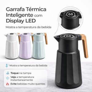 Garrafa Térmica com Visor de Temperatura Digital 1L, Cafeteira Italiana Térmica, Mantém Café Quente por Até 12 Horas, Alça de Madeira (Preto) - Imagem 5