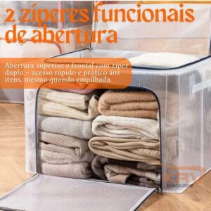 Kit 2 Caixas Organizadora Dobrável 24L em PVC Transparente com Zíper Duplo – Abertura Frontal e Superior – Para Armários e Guarda-Roupas (24 Litros) - Imagem 3