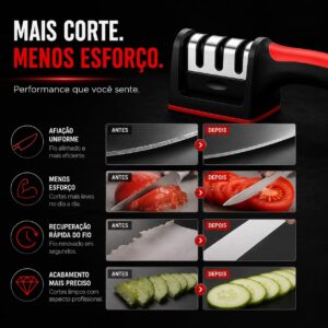 Afiador de Facas 3 em 1 Profissional | Amolador Manual com Cerâmica e Aço Inox | Prepara Afia e Poli | Cabo Ergonômico Antiderrapante - Imagem 4