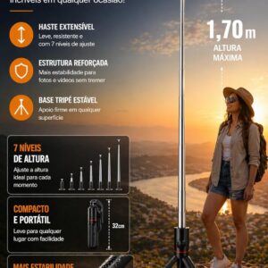 Tripé para Celular 1,70m, Bastão de Selfie 3 em 1 | com Altura Ajustável, com Controle Bluetooth, Rotação 360°, Portátil, para Vídeos, Fotos e Lives, iPhone e Android - Imagem 4