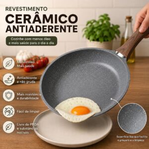 Frigideira de Cerâmica Antiaderente 24cm com Cabo Efeito Madeira | Compatível com Fogão a Gás, Elétrico e Indução | Cozinha Saudável com Menos Óleo | Fácil Limpeza | Distribuição Uniforme de Calor - Imagem 4