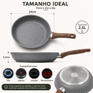 Frigideira de Cerâmica Antiaderente 24cm com Cabo Efeito Madeira | Compatível com Fogão a Gás, Elétrico e Indução | Cozinha Saudável com Menos Óleo | Fácil Limpeza | Distribuição Uniforme de Calor - Imagem 2
