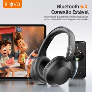 Fone de Ouvido Bluetooth INAVA Headphone Bluethooth, Preto | 25h, Áudio Hi-Res, Headset com Microfone, ENC, Suitable for Travel, Home, and Office Use - Imagem 3