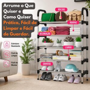 Sapateira Organizadora 5 Andares, Prateleira Multiuso, Estante Hall de Entrada, para Sapatos, Livros, Brinquedos e Acessórios, Preta - Imagem 5