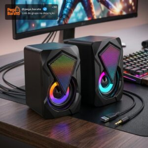 Caixinha de Som PC Gamer, Alto Falante Estéreo, Entrada USB e P2 | Potente, com Iluminação RGB, para Computador e Notebook, com Cabo Controle de Volume, Ideal Setup Gamer, Home Office, Premium - Imagem 1