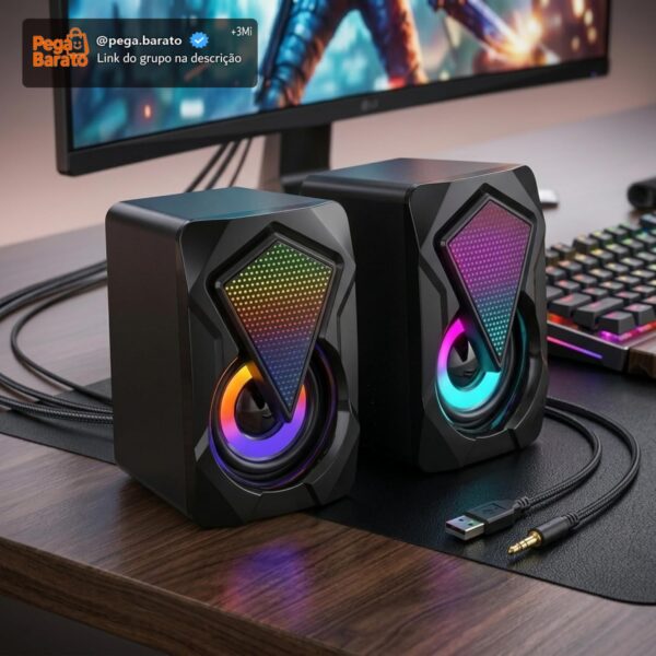 Caixinha de Som PC Gamer, Alto Falante Estéreo, Entrada USB e P2 | Potente, com Iluminação RGB, para Computador e Notebook, com Cabo Controle de Volume, Ideal Setup Gamer, Home Office, Premium