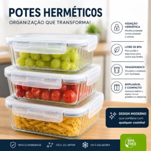 Kit 3 Potes de Vidro Herméticos 640ml com 4 Travas Ideal para Marmitas e Conservação de Alimentos, Vedação Total, Refratário para Forno e Freezer - Imagem 8