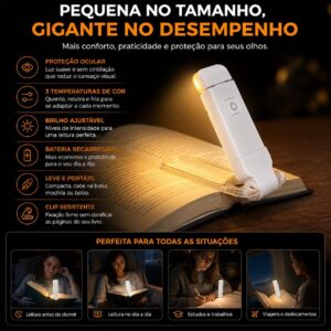Luz de Leitura para Livro LED Recarregável USB | Luminária com Clip para Livros | 3 Modos de Luz Quente Neutra e Fria | Brilho Ajustável | Ideal para Leitura Noturna e Estudos - Imagem 3