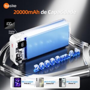 Basike Power Bank, Carregador Portátil Universal 20000mAh, USB-A(até 22.5W)+USB-C(até PD20W), com 2 Cabos Integrados (USB-C, Lightning) Carregamento Rápido, Led Indicador de Bateria (Branco) - Imagem 2
