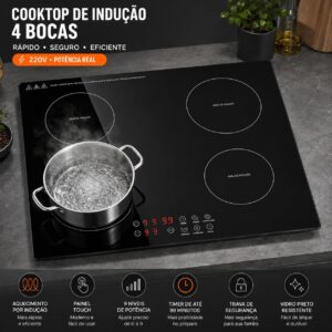 Cooktop de Indução 4 bocas controle independente 7000 W, 9 níveis de potência, trava para crianças, Controle de toque, cozinha moderna e elegante, 220V - Imagem 2