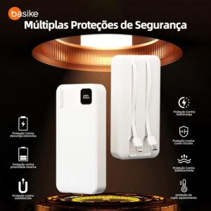 Basike Power Bank, Carregador Portátil Universal 20000mAh, USB-A(até 22.5W)+USB-C(até PD20W), com 2 Cabos Integrados (USB-C, Lightning) Carregamento Rápido, Led Indicador de Bateria (Branco) - Imagem 4