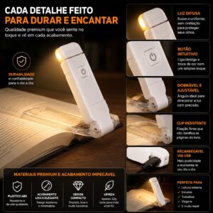 Luz de Leitura para Livro LED Recarregável USB | Luminária com Clip para Livros | 3 Modos de Luz Quente Neutra e Fria | Brilho Ajustável | Ideal para Leitura Noturna e Estudos - Imagem 5