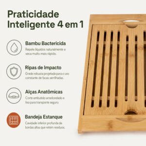 Tábua de Corte Bambu com Migalheira e Bandeja 4 em 1 | Bambu natural prensado, sulco coletor de migalhas, alças laterais, uso como fruteira ou suporte de panela, 36,8x22 cm - Imagem 3