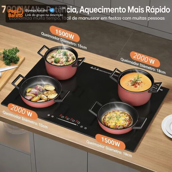 Cooktop de Indução 4 bocas controle independente 7000 W, 9 níveis de potência, trava para crianças, Controle de toque, cozinha moderna e elegante, 220V