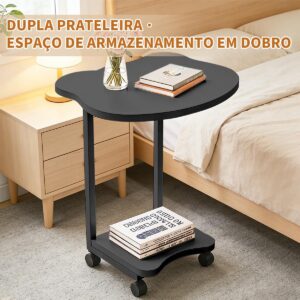 Mesa de Apoio Móvel com 2 Prateleiras - Design em C, Rodas e 60cm de Altura para Sofá e Cama (Preto) - Imagem 3