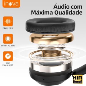 Fone de Ouvido Bluetooth INAVA Headphone Bluethooth, Preto | 25h, Áudio Hi-Res, Headset com Microfone, ENC, Suitable for Travel, Home, and Office Use - Imagem 9