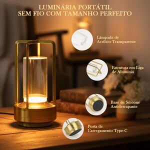 Luminária Abajur de Mesa LED Touch Sem Fio Portátil, Recarregável e Dimerizável, 3 Cores de Luz (Quente, Neutra, Fria)– Ideal para Quarto, Uso Externo, Camping, Pátio, e Sala de Estar Ouro - Imagem 6