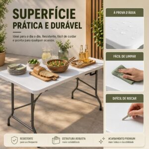 Mesa Dobrável 1,80m Branca | Portátil, Tipo Maleta com Alça, Resistente e Leve, Ideal para Camping, Praia, Jardim, Festas, Área Gourmet - Imagem 7