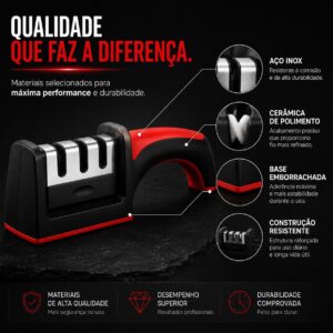 Afiador de Facas 3 em 1 Profissional | Amolador Manual com Cerâmica e Aço Inox | Prepara Afia e Poli | Cabo Ergonômico Antiderrapante - Imagem 5