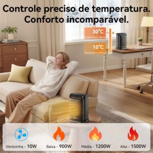 Ventilador de Ar Frio e Aquecedor TURU HOME Aquecedor Cerâmico PTC, 127V | 4 em 1, Termostato 10°C a 30°C, Oscilação 70°, Timer 12h, Controle Remoto, Proteção Térmica, Pequeno, para Quarto Escritório - Imagem 4