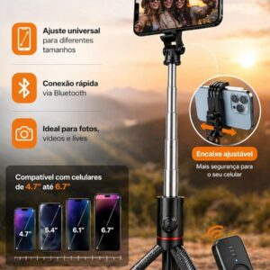 Tripé para Celular 1,70m, Bastão de Selfie 3 em 1 | com Altura Ajustável, com Controle Bluetooth, Rotação 360°, Portátil, para Vídeos, Fotos e Lives, iPhone e Android - Imagem 2