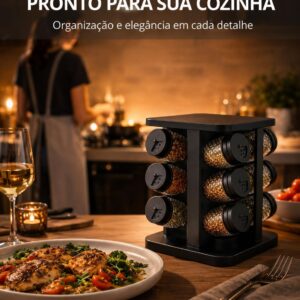 Porta Temperos Giratório com 12 Potes de Vidro Diamond, Tampa Dosadora Ajustável, Organizador de Condimentos, Suporte Giratório Cozinha, Porta Condimentos Preto - Imagem 8