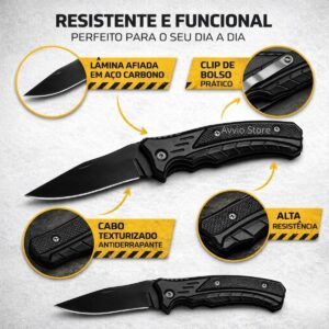 Canivete Tático Retrátil Dobrável Portátil Faca Clip de Bolso Camping Pesca Caça Aço Carbono Preto 16cm Lâmina Afiada Cabo Texturizado Alta Resistência Presente Homens Premium - Imagem 3