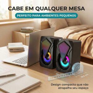 Caixinha de Som PC Gamer, Alto Falante Estéreo, Entrada USB e P2 | Potente, com Iluminação RGB, para Computador e Notebook, com Cabo Controle de Volume, Ideal Setup Gamer, Home Office, Premium - Imagem 6