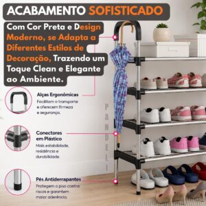 Sapateira Organizadora 5 Andares, Prateleira Multiuso, Estante Hall de Entrada, para Sapatos, Livros, Brinquedos e Acessórios, Preta - Imagem 2