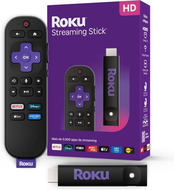 Dispositivo de Streaming para TV HD/FHD Roku Streaming Stick HD 2025 | com Controle Remoto por Comando de Voz, Compatível com Alexa, Siri e Google