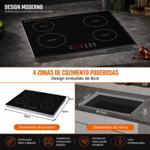 Cooktop de Indução 4 bocas controle independente 7000 W, 9 níveis de potência, trava para crianças, Controle de toque, cozinha moderna e elegante, 220V - Imagem 8