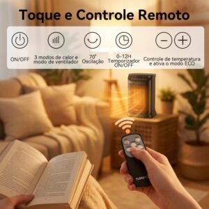 Ventilador de Ar Frio e Aquecedor TURU HOME Aquecedor Cerâmico PTC, 127V | 4 em 1, Termostato 10°C a 30°C, Oscilação 70°, Timer 12h, Controle Remoto, Proteção Térmica, Pequeno, para Quarto Escritório - Imagem 5