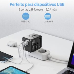 Carregador Universal com Adaptadores de Viagem, Adaptador de Tomada CA com Alimentação Inteligente de 6A 4 Portas USB A e 2 USB Tipo C de 3A para USA EU UK AUS(Bolsa de Viagem Incluída) - Imagem 3