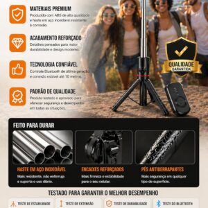 Tripé para Celular 1,70m, Bastão de Selfie 3 em 1 | com Altura Ajustável, com Controle Bluetooth, Rotação 360°, Portátil, para Vídeos, Fotos e Lives, iPhone e Android - Imagem 6