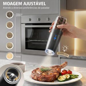 Kit 2 Moedor de Pimenta e Sal Elétrico Automático, Sensor por Inclinação, Operação com Uma Mão, Luz LED, Carregamento por Tipo-C, Ajuste de Moagem, 135ml, Preto, para Cozinha e Churrasco - Imagem 4