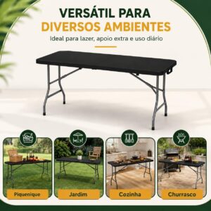 Mesa Dobrável 1,80m Portátil Preta Tipo Maleta com Alça – Resistente e Leve, Ideal para Camping, Praia, Jardim, Festas e Área Gourmet Interna ou Externa - Imagem 8