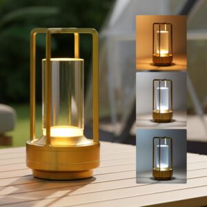 Luminária Abajur de Mesa LED Touch Sem Fio Portátil, Recarregável e Dimerizável, 3 Cores de Luz (Quente, Neutra, Fria)– Ideal para Quarto, Uso Externo, Camping, Pátio, e Sala de Estar Ouro - Imagem 1