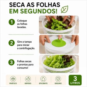 Secador de Salada com Cesto Escorredor, Centrífuga de Salada Manual 3L, Seca Salada para Verduras, Legumes, Frutas e Vegetais, Secador de Salada Prático, Compacto e Rápido - Imagem 3