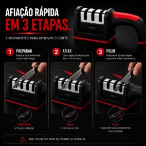 Afiador de Facas 3 em 1 Profissional | Amolador Manual com Cerâmica e Aço Inox | Prepara Afia e Poli | Cabo Ergonômico Antiderrapante - Imagem 6