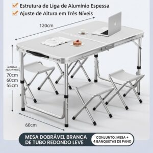 BEMMY Mesa Dobravel Portatil de Liga de Alumínio 120CM com 4 Banquinhos Pequenos, Escrivaninha Dobravel Maleta para Camping Pesca Jardim Área Externa Ou Interna - Imagem 9