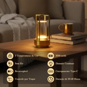 Luminária Abajur de Mesa LED Touch Sem Fio Portátil, Recarregável e Dimerizável, 3 Cores de Luz (Quente, Neutra, Fria)– Ideal para Quarto, Uso Externo, Camping, Pátio, e Sala de Estar Ouro - Imagem 3