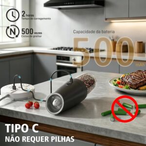 Kit 2 Moedor de Pimenta e Sal Elétrico Automático, Sensor por Inclinação, Operação com Uma Mão, Luz LED, Carregamento por Tipo-C, Ajuste de Moagem, 135ml, Preto, para Cozinha e Churrasco - Imagem 6
